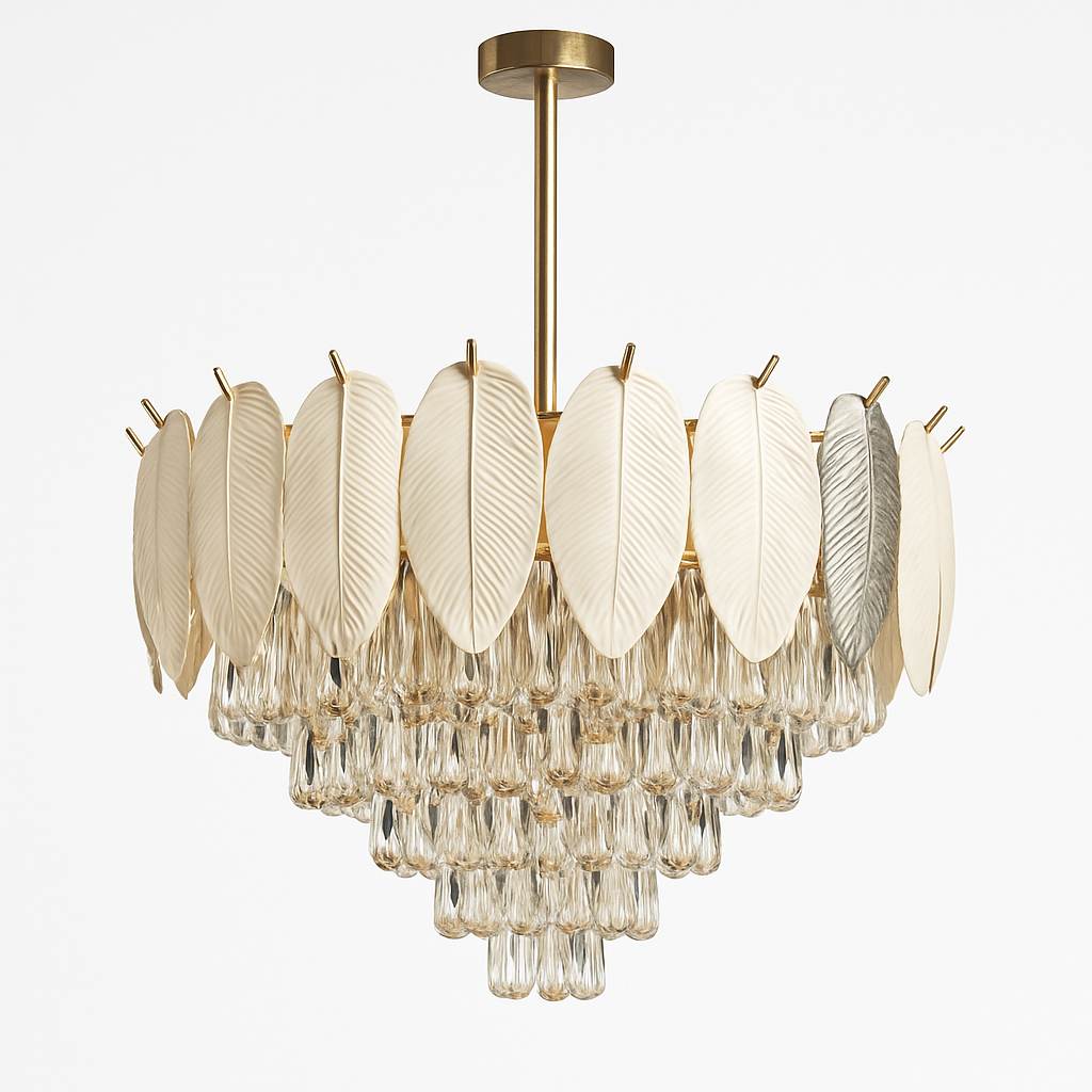 Homes Elite Elegant Crystal Feather Chandelier 5 Tier Gold Finish with Frosted Leaf Accents