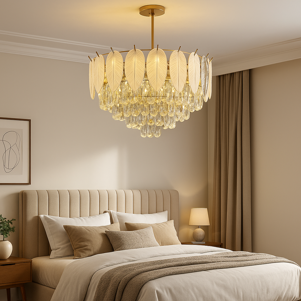 Homes Elite Elegant Crystal Feather Chandelier 5 Tier Gold Finish with Frosted Leaf Accents