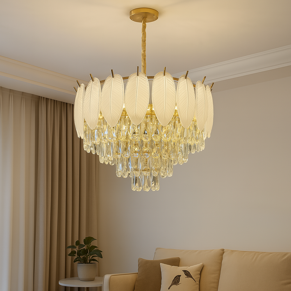 Homes Elite Elegant Crystal Feather Chandelier 5 Tier Gold Finish with Frosted Leaf Accents