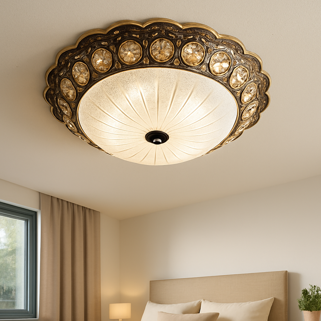 Homes Elite Crystal Flush Mount Ceiling Light Gold Frame with Gem Cut Glass Dome