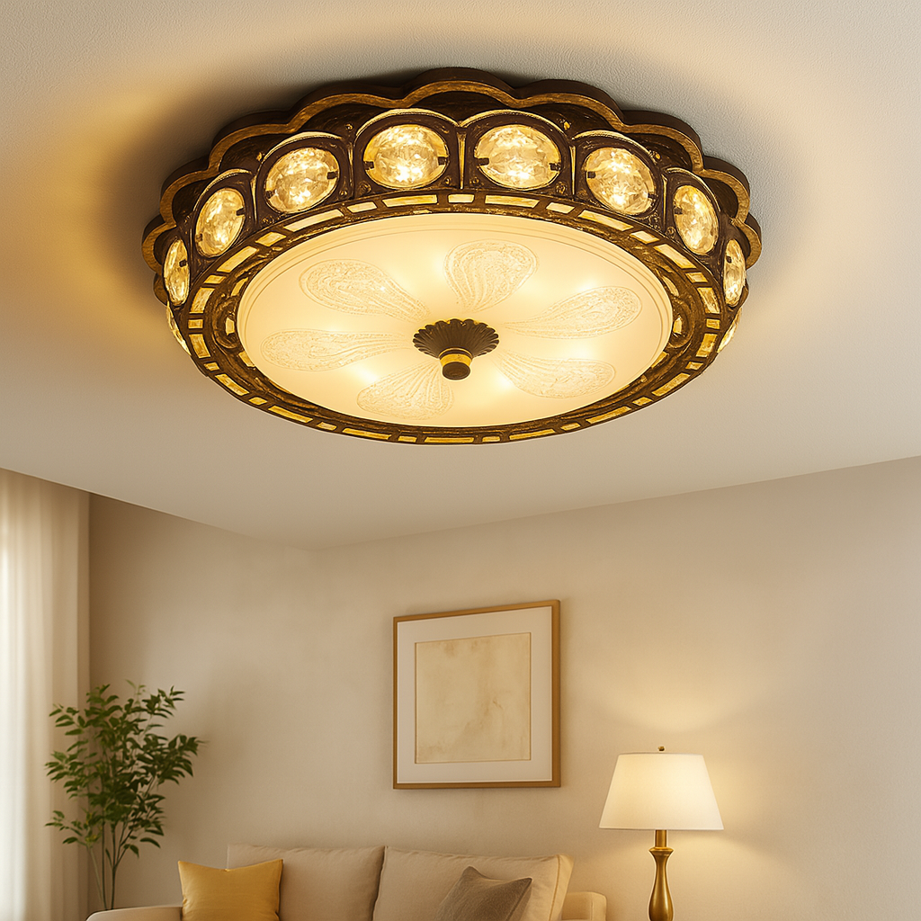 Homes Elite Ornate Crystal Flush Mount Ceiling Light Gold Finish, Floral Motif
