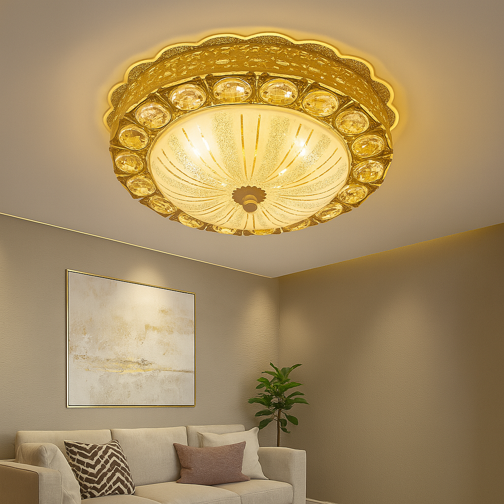Homes Elite Crystal Flush Mount Ceiling Light Gold Frame with Gem Cut Glass Dome