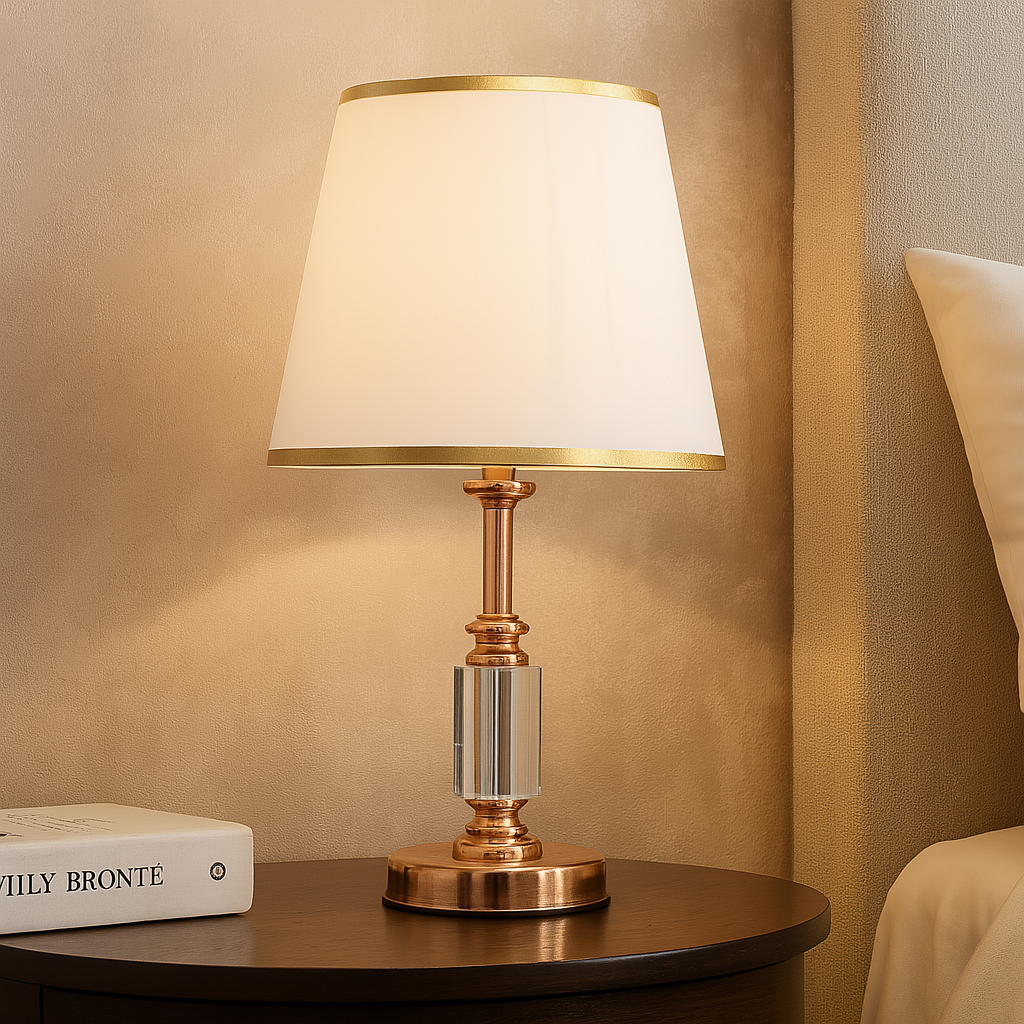 Homes Elite Classic Crystal & Gold Table Lamp with White Fabric Shade Elegant Bedside or Study Lighting