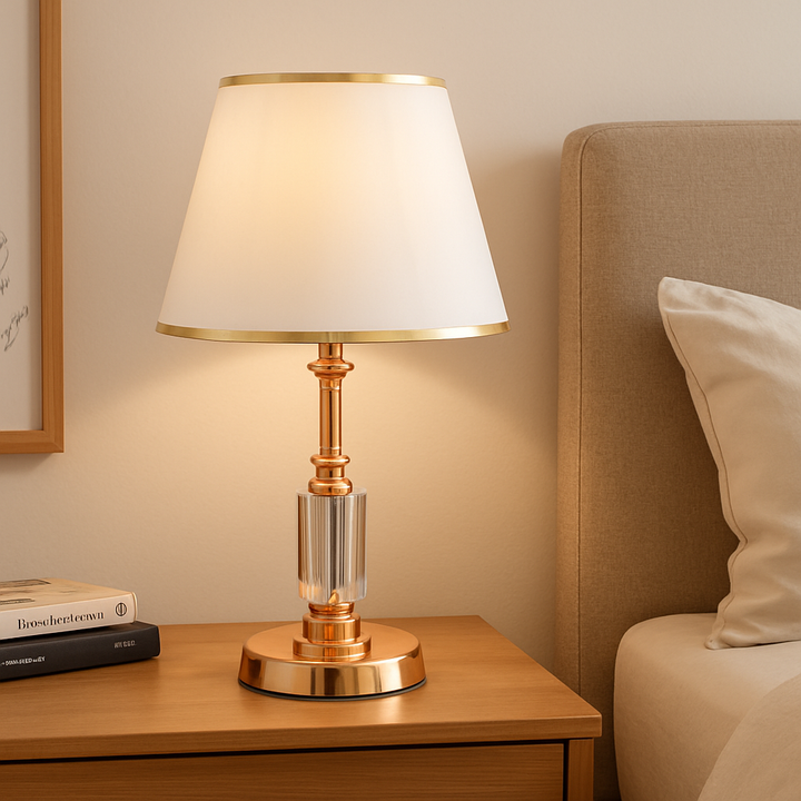 Homes Elite Classic Crystal & Gold Table Lamp with White Fabric Shade Elegant Bedside or Study Lighting