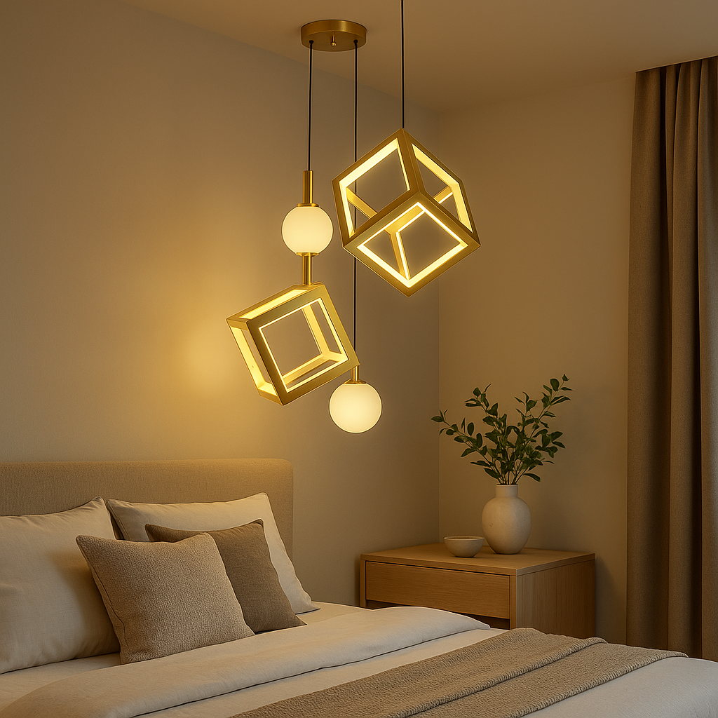 Homes Elite Geometric Cube LED Pendant Light Modern 3D Hanging Fixture in Gold Finish