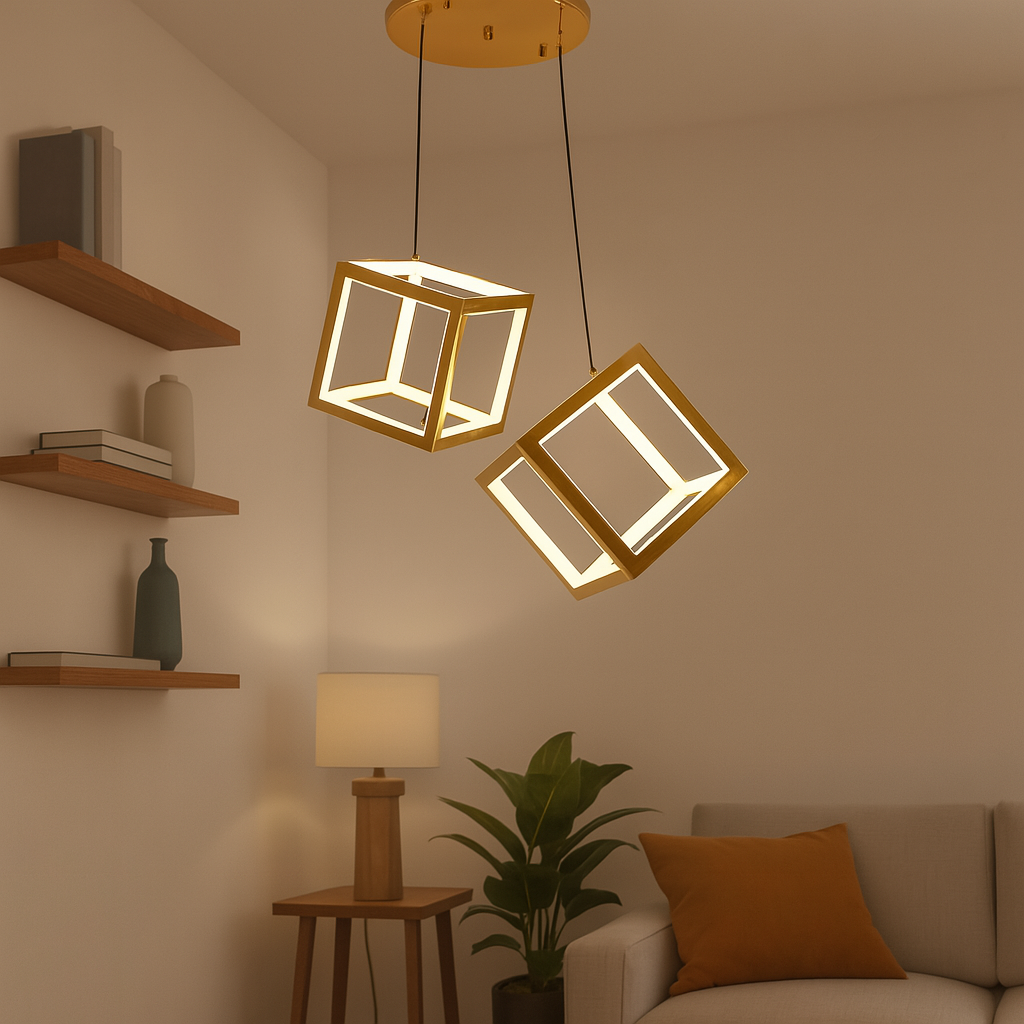 Homes Elite Geometric Cube LED Pendant Light Modern 3D Hanging Fixture in Gold Finish
