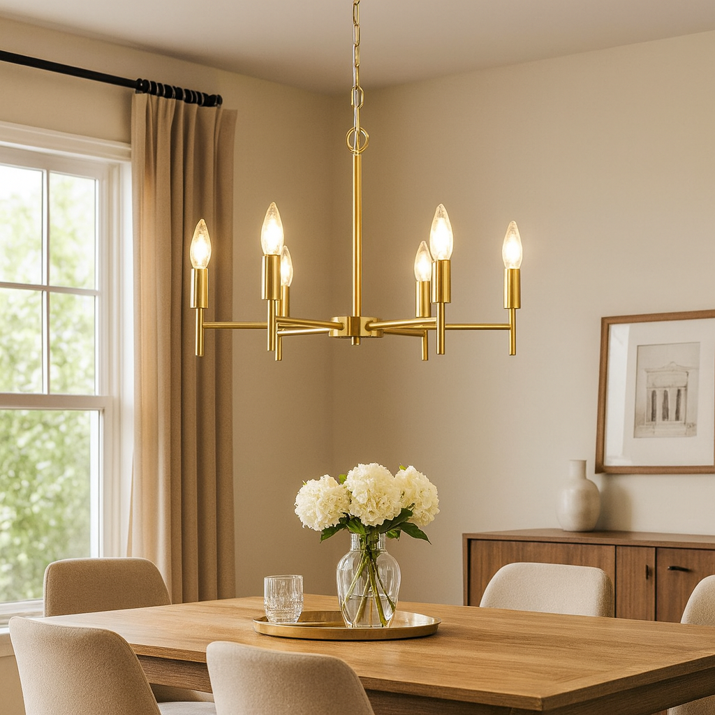 Homes Elite Minimalist Gold 6-Light Chandelier Modern Candle-Style Pendant for Dining & Living Areas