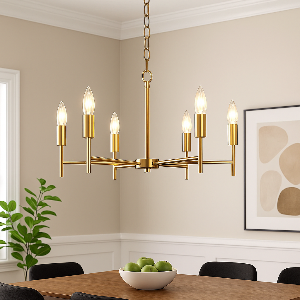 Homes Elite Minimalist Gold 6-Light Chandelier Modern Candle-Style Pendant for Dining & Living Areas