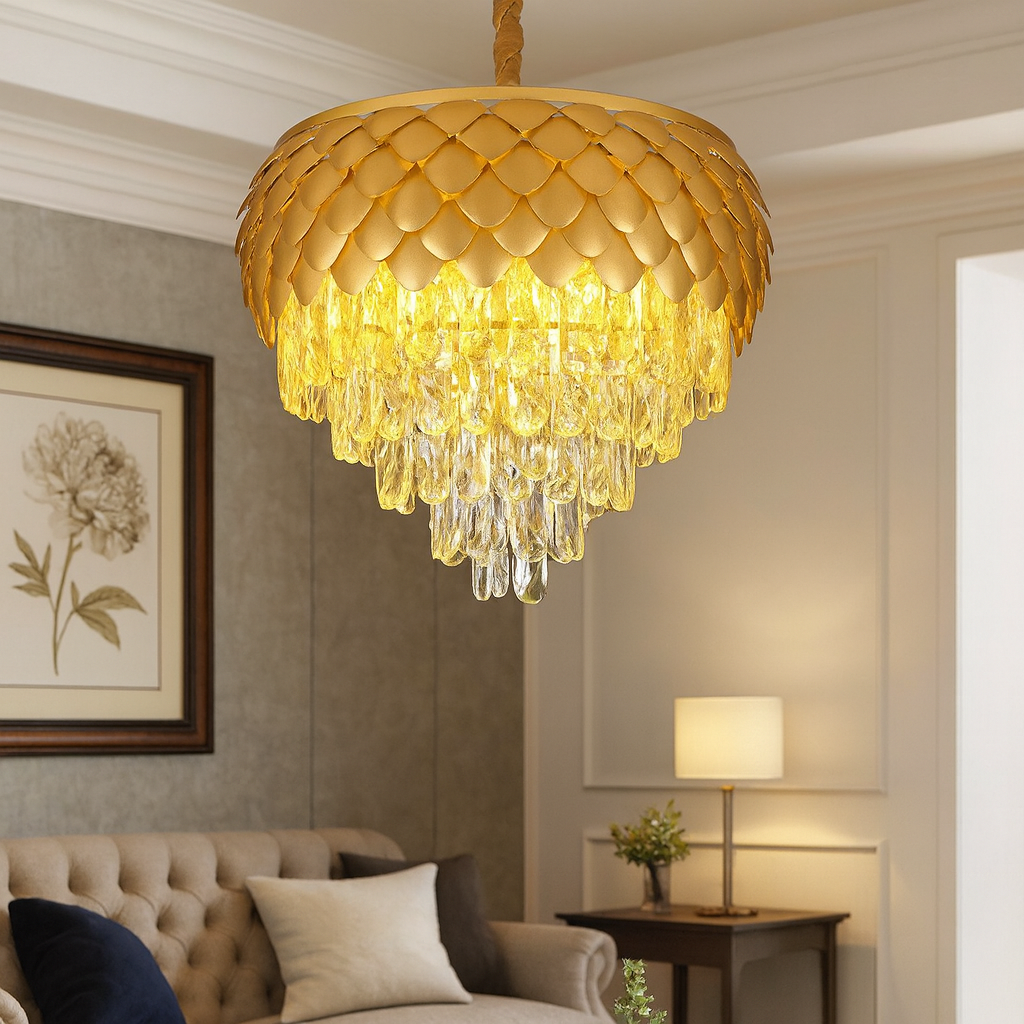 Homes Elite Luxury Gold Crystal Chandelier Leaf-Inspired Tiered Pendant Light for Living & Dining Rooms