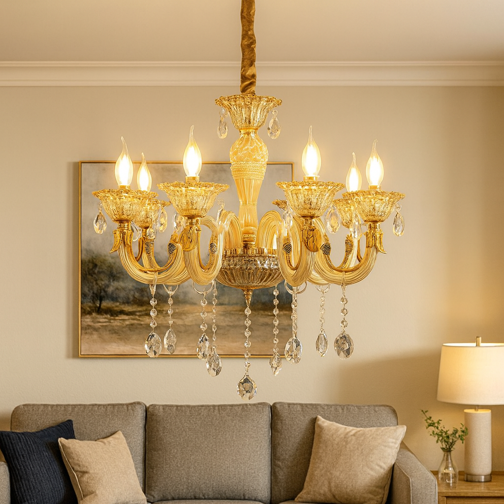Homes Elite Vintage Gold Crystal Chandelier 8 Light Elegant Glass Pendant for Living & Dining Rooms