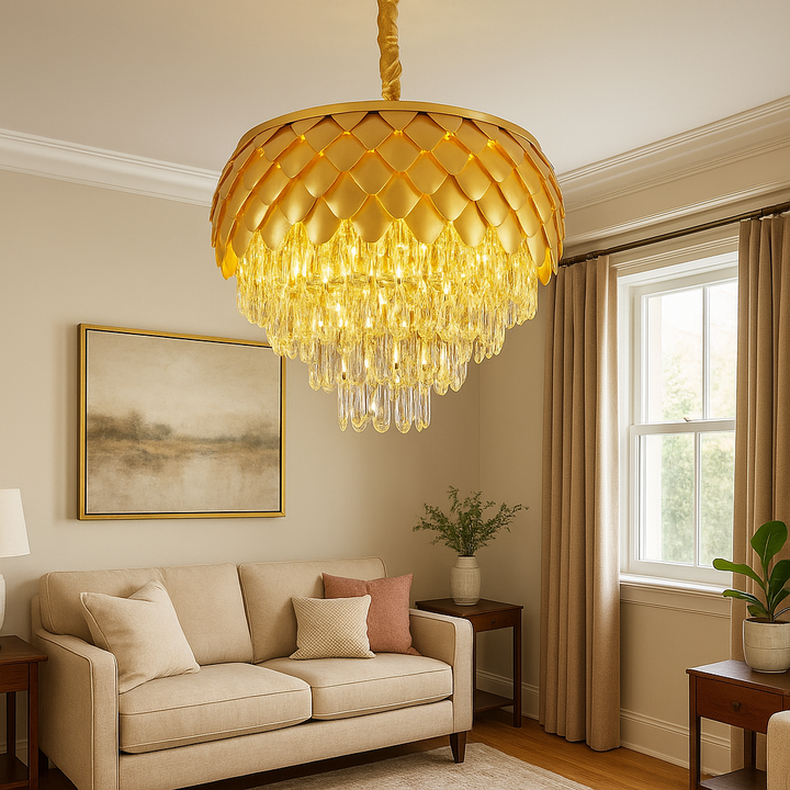 Homes Elite Luxury Gold Crystal Chandelier Leaf-Inspired Tiered Pendant Light for Living & Dining Rooms