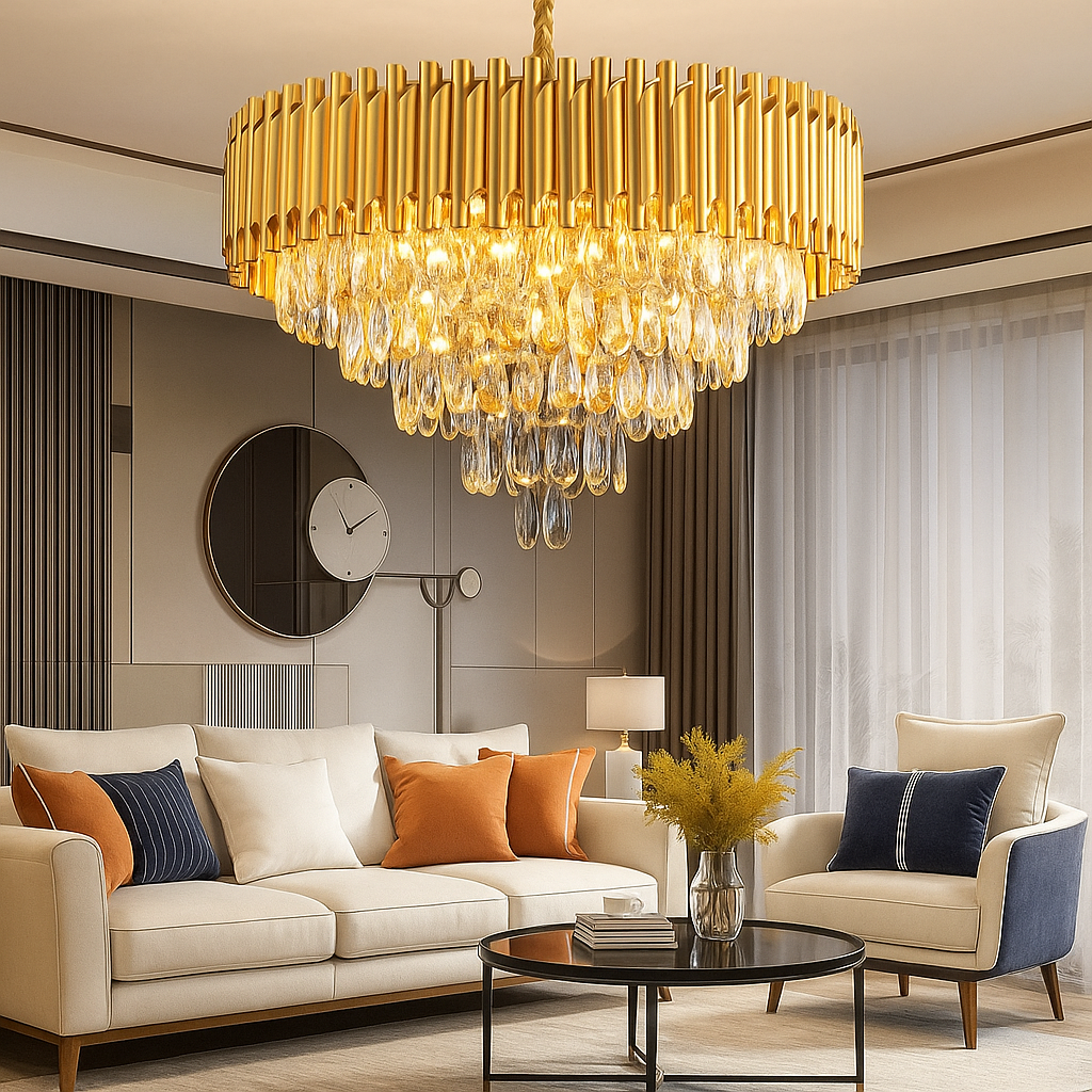 Homes Elite Modern Gold Crystal Chandelier Luxury Tiered Drum Pendant Light for Living & Formal Spaces