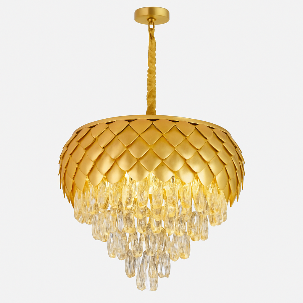 Homes Elite Luxury Gold Crystal Chandelier Leaf-Inspired Tiered Pendant Light for Living & Dining Rooms