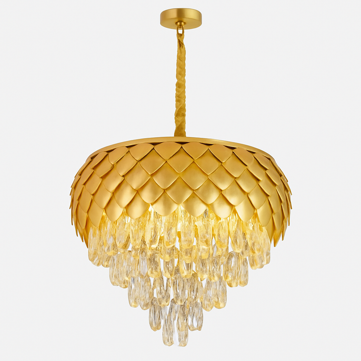 Homes Elite Luxury Gold Crystal Chandelier Leaf-Inspired Tiered Pendant Light for Living & Dining Rooms