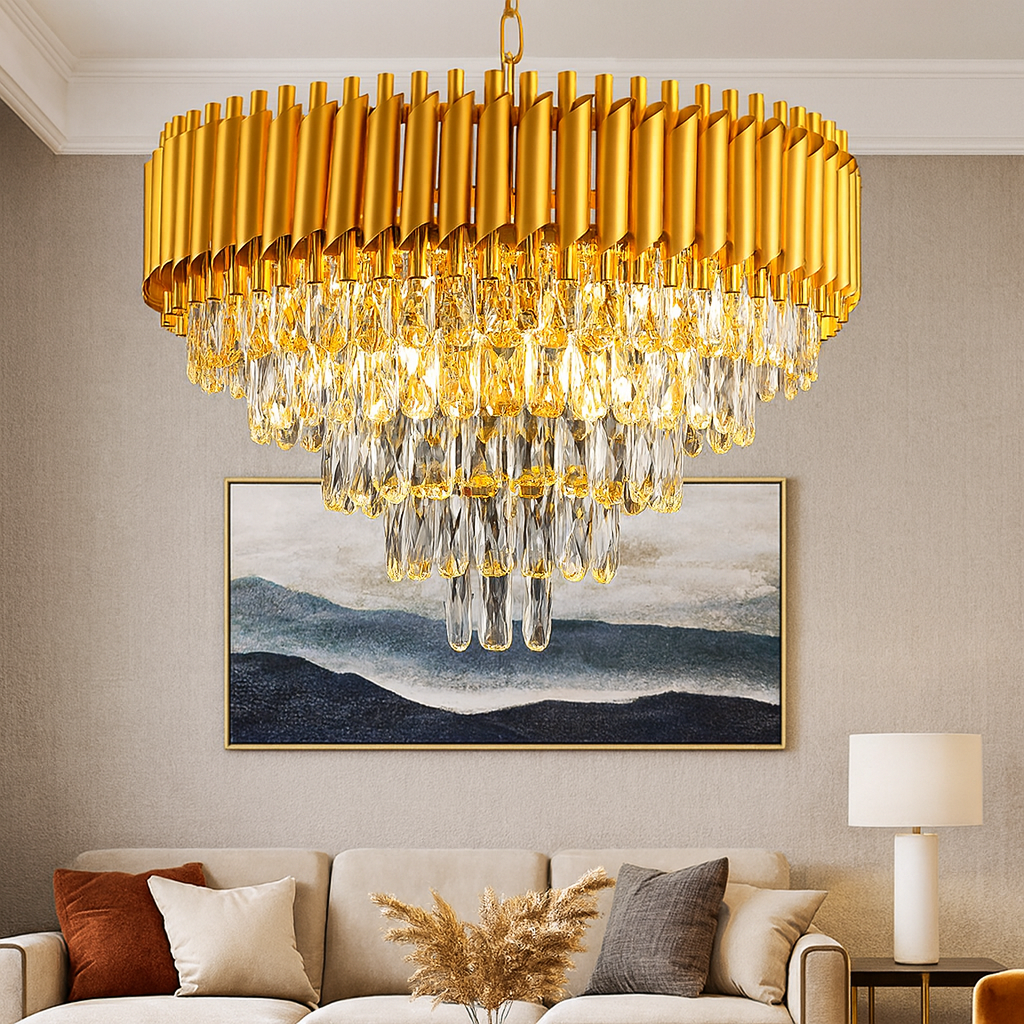 Homes Elite Modern Gold Crystal Chandelier Luxury Tiered Drum Pendant Light for Living & Formal Spaces