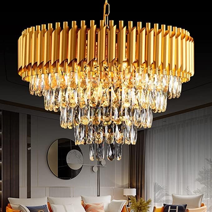 Homes Elite Modern Gold Crystal Chandelier Luxury Tiered Drum Pendant Light for Living & Formal Spaces
