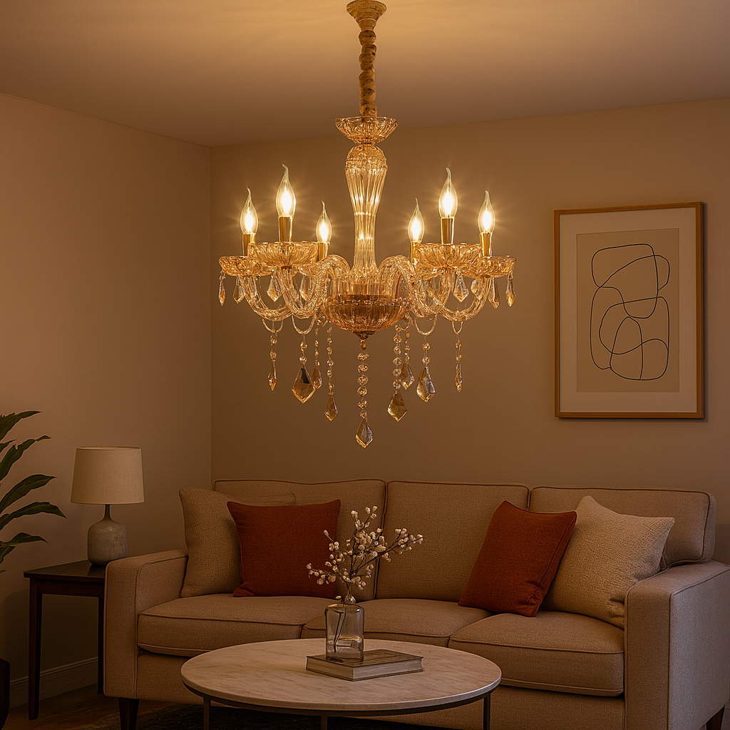 Homes Elite Classic Gold Crystal Chandelier with 6 Candle-Style Lights  Elegant Glass Drop Pendant