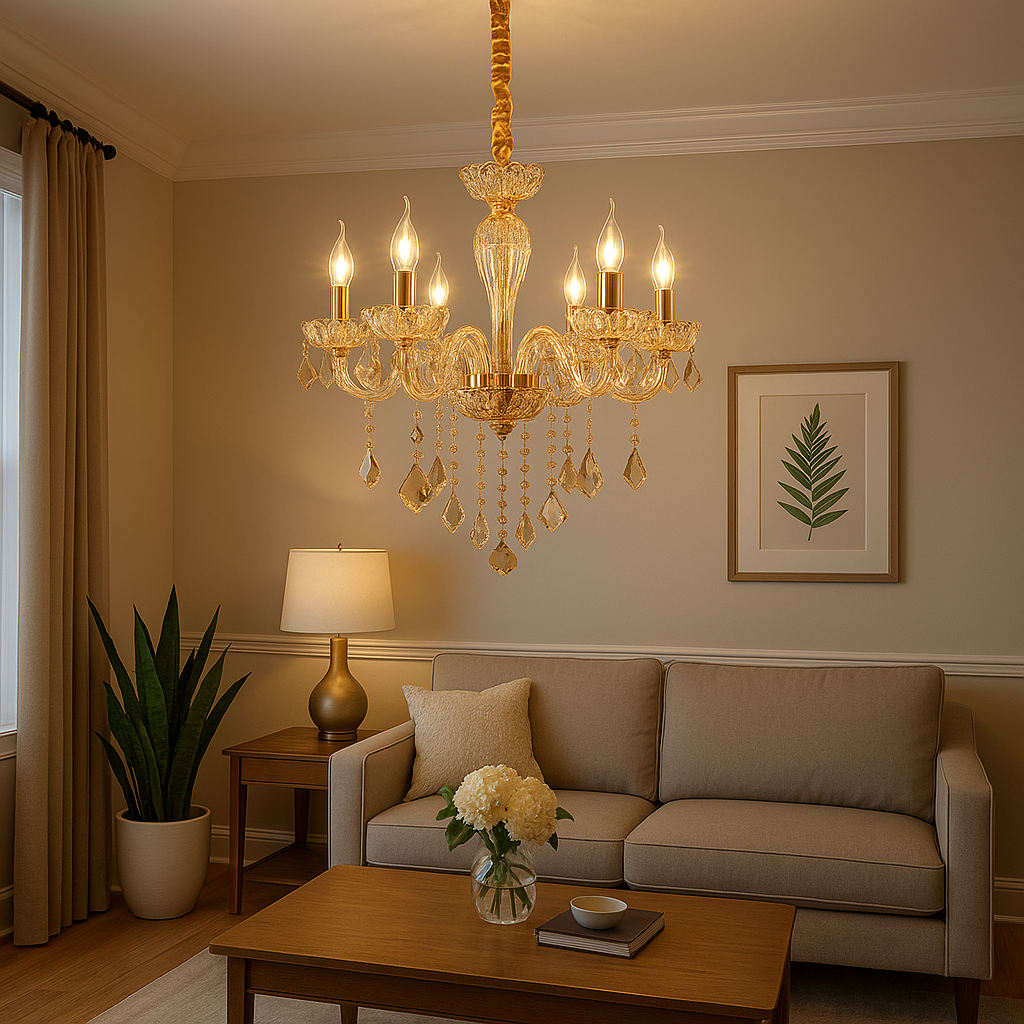 Homes Elite Classic Gold Crystal Chandelier with 6 Candle-Style Lights  Elegant Glass Drop Pendant