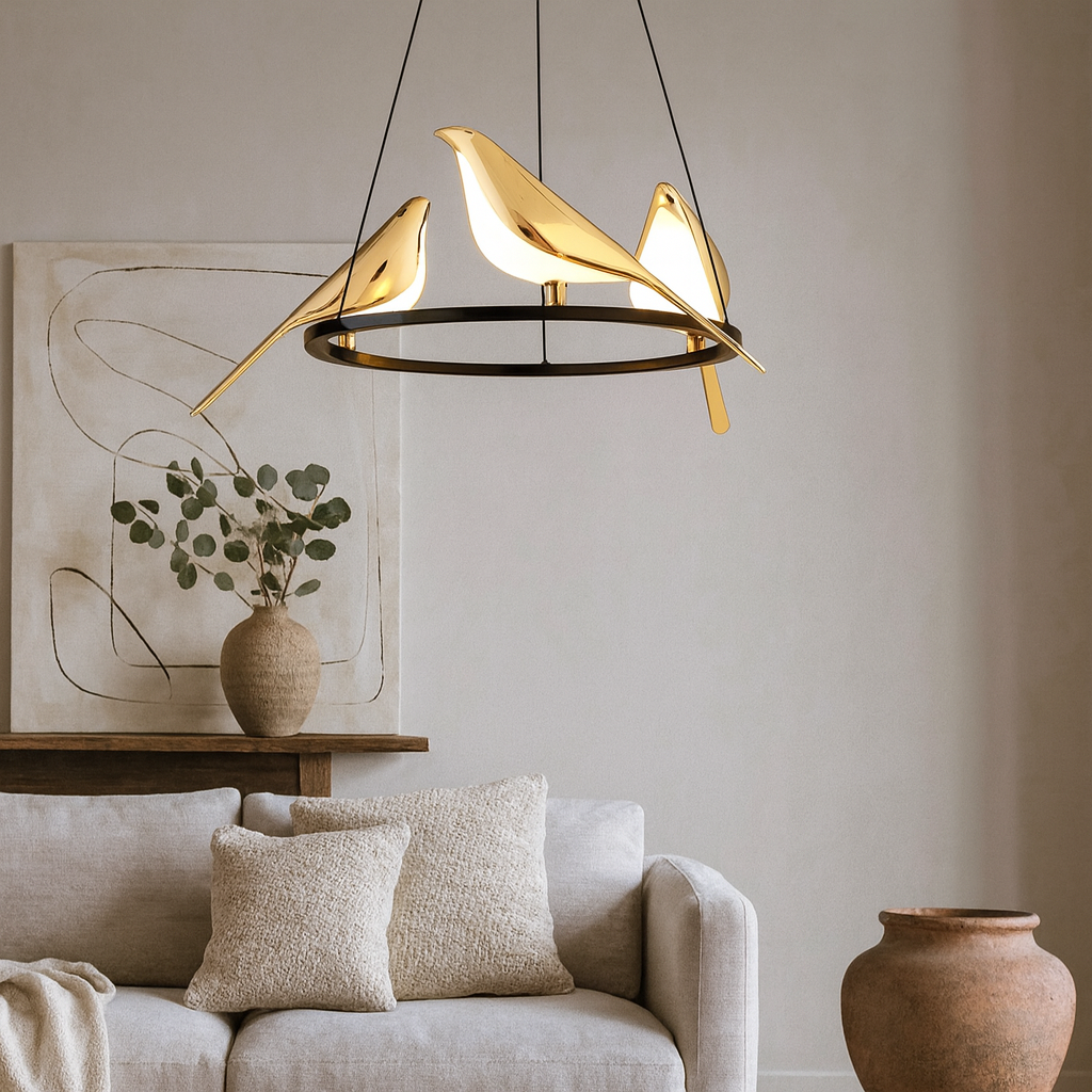 Homes Elite Golden Bird Ring Chandelier Artistic Pendant Light with 3 Sculpted Birds