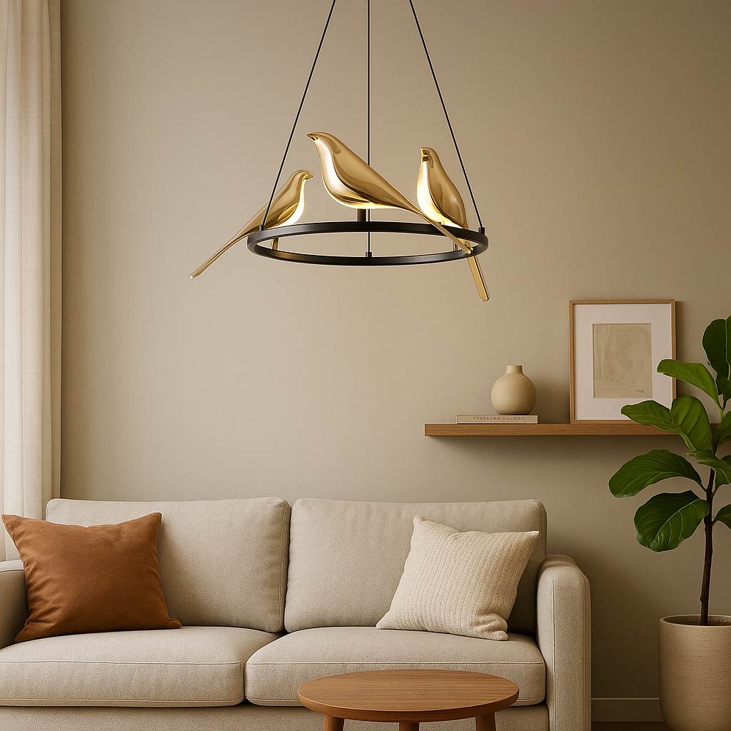 Homes Elite Golden Bird Ring Chandelier Artistic Pendant Light with 3 Sculpted Birds