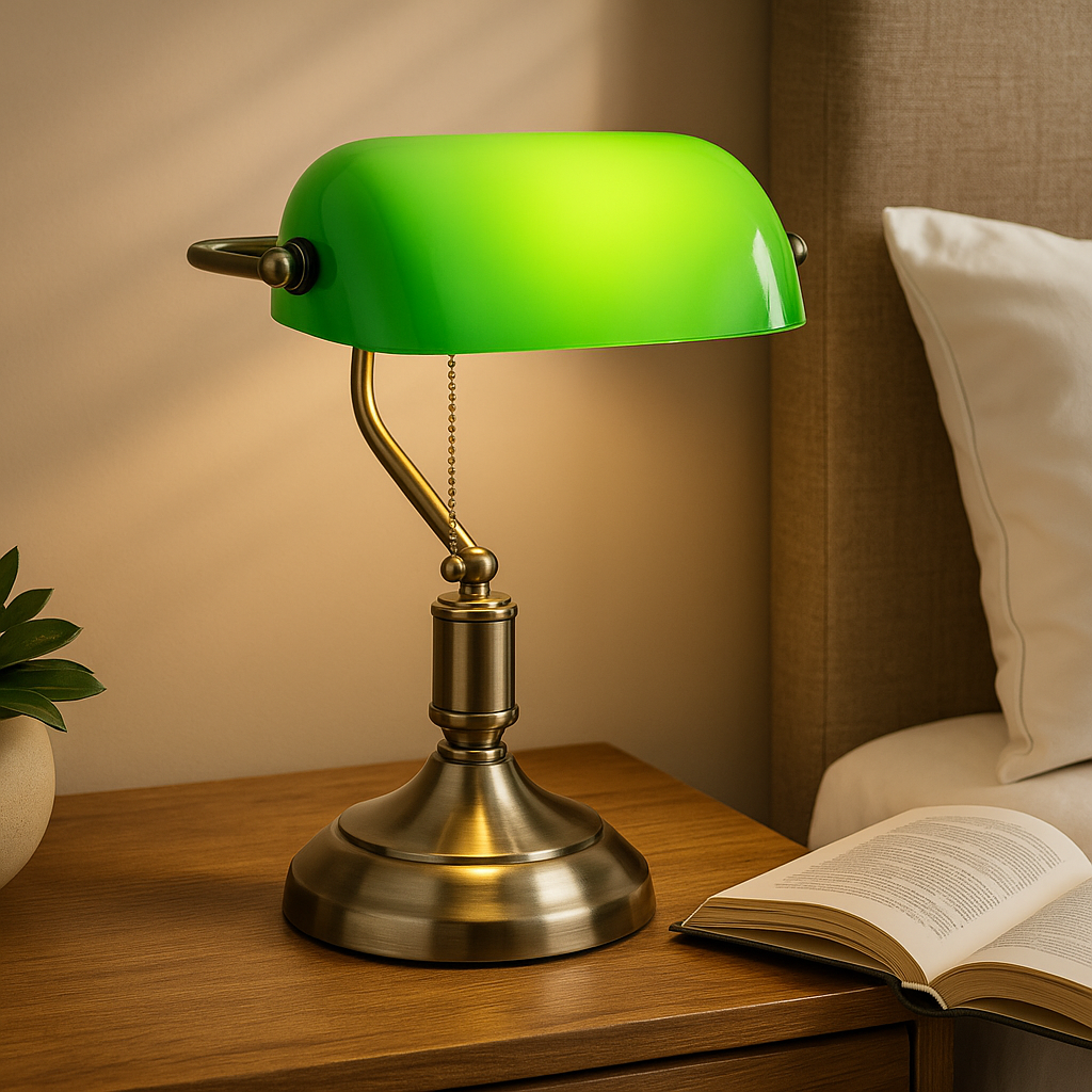 Homes Elite Classic Green Glass Banker’s Desk Lamp with Brass Base Retro Vintage Table Light for Office Study & Bedroom