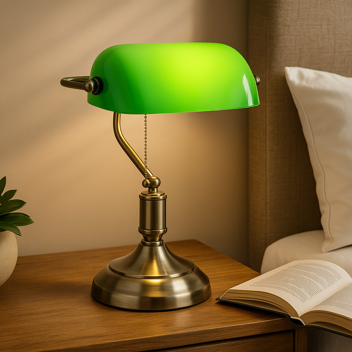 Homes Elite Classic Green Glass Banker’s Desk Lamp with Brass Base Retro Vintage Table Light for Office Study & Bedroom