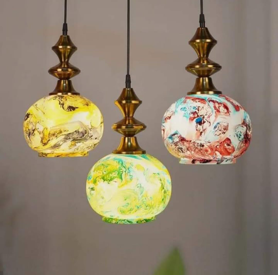 Homes Elite Artisan Handcrafted Glass Pendant Lights Colorful Swirl Design with Antique Brass Finish (Set of 3)