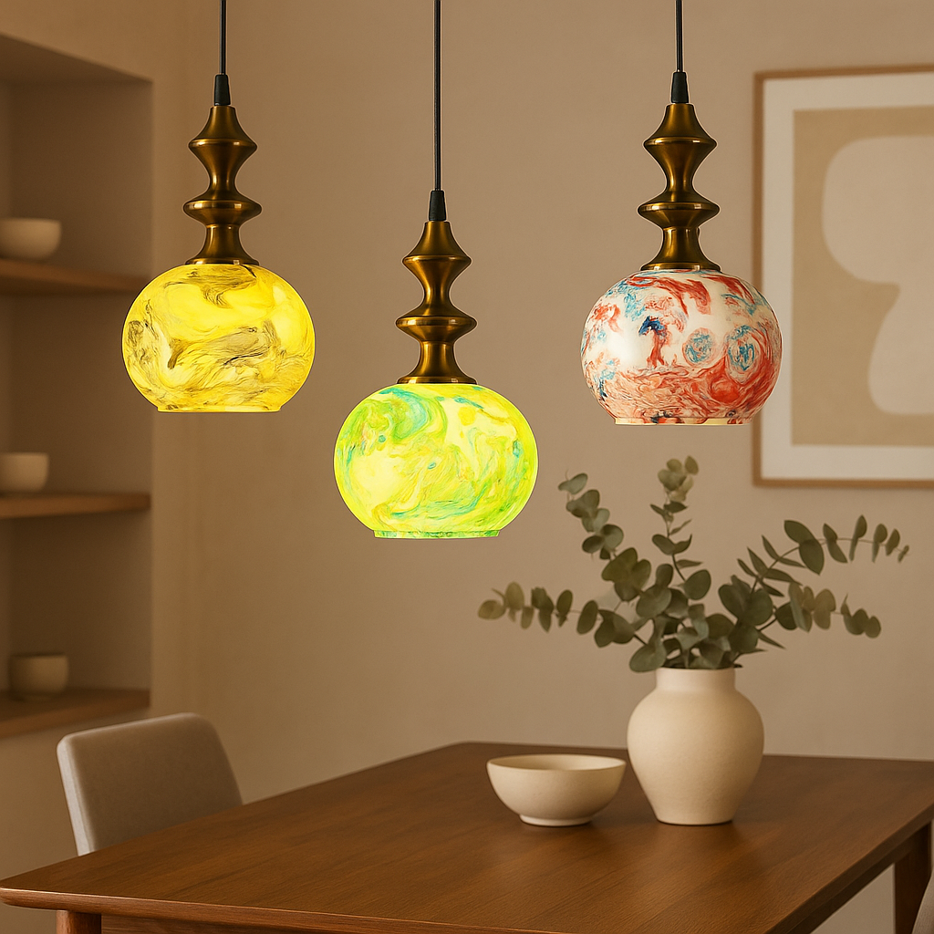 Homes Elite Artisan Handcrafted Glass Pendant Lights Colorful Swirl Design with Antique Brass Finish (Set of 3)