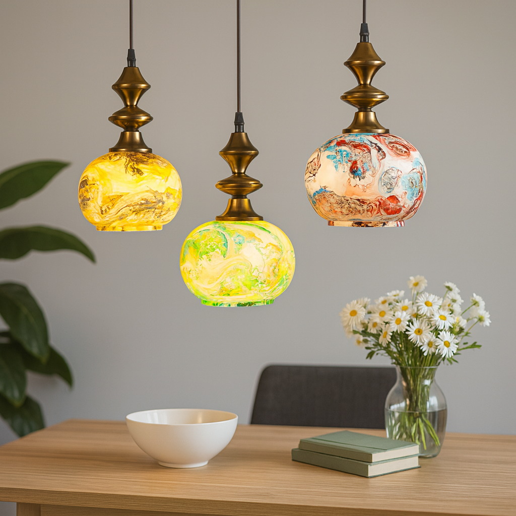 Homes Elite Artisan Handcrafted Glass Pendant Lights Colorful Swirl Design with Antique Brass Finish (Set of 3)
