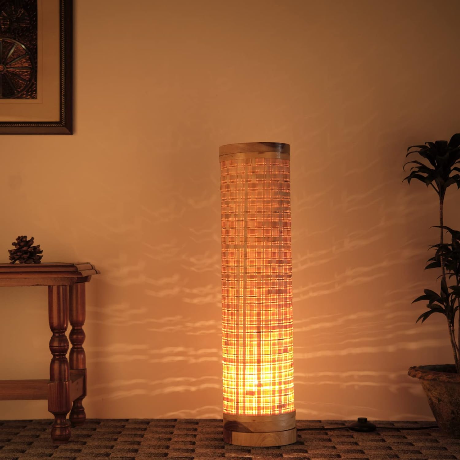 Homes Elite Handwoven Cylindrical Floor Lamp with Warm Ambient Glow Natural Bamboo Finish