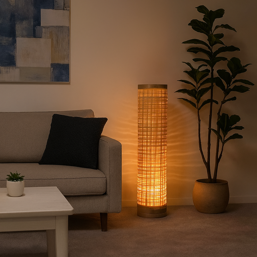 Homes Elite Handwoven Cylindrical Floor Lamp with Warm Ambient Glow Natural Bamboo Finish
