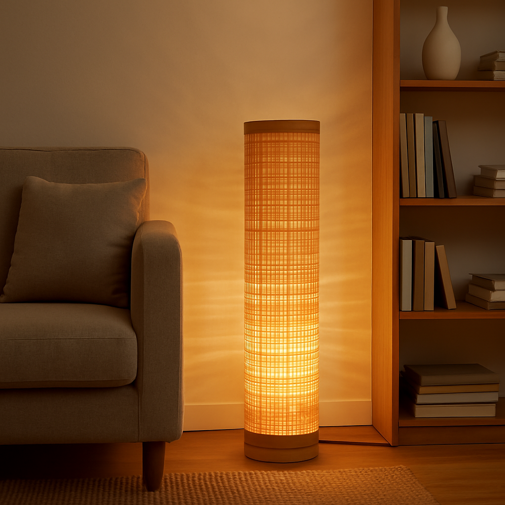 Homes Elite Handwoven Cylindrical Floor Lamp with Warm Ambient Glow Natural Bamboo Finish