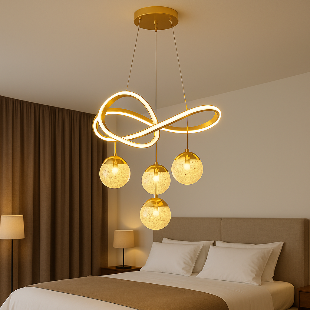 Homes Elite Modern 4 Light Pendant Gold Infinity Loop Chandelier with Bubble Glass Orbs