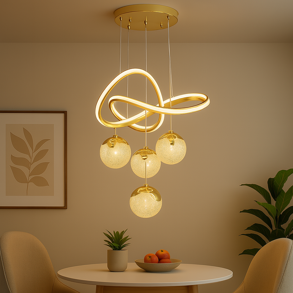 Homes Elite Modern 4 Light Pendant Gold Infinity Loop Chandelier with Bubble Glass Orbs
