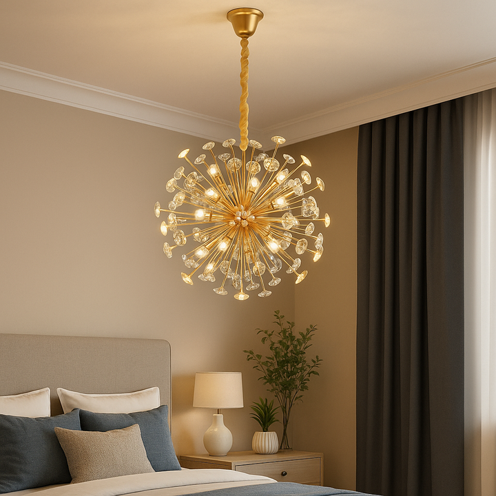Homes Elite Modern Dandelion Crystal Chandelier Gold Sputnik Design Hanging Light for Living & Bedroom