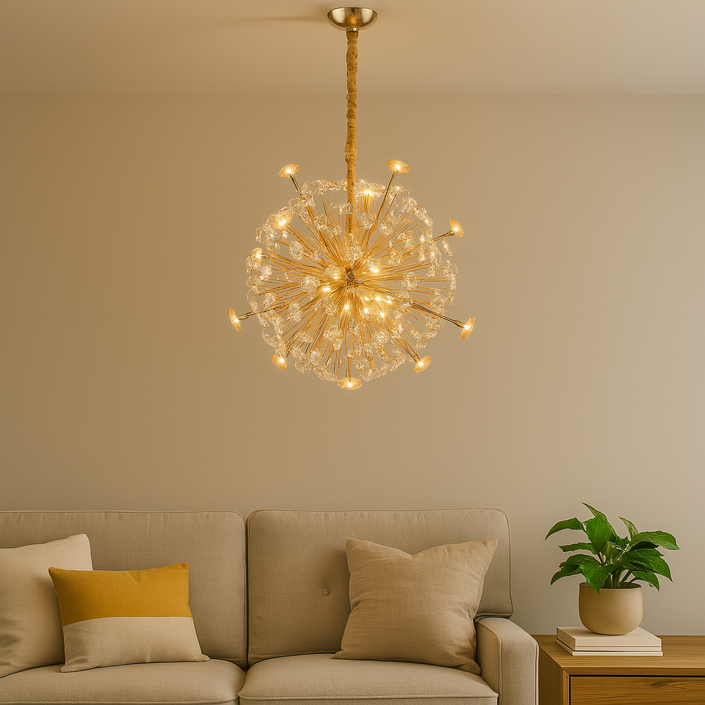 Homes Elite Modern Dandelion Crystal Chandelier Gold Sputnik Design Hanging Light for Living & Bedroom