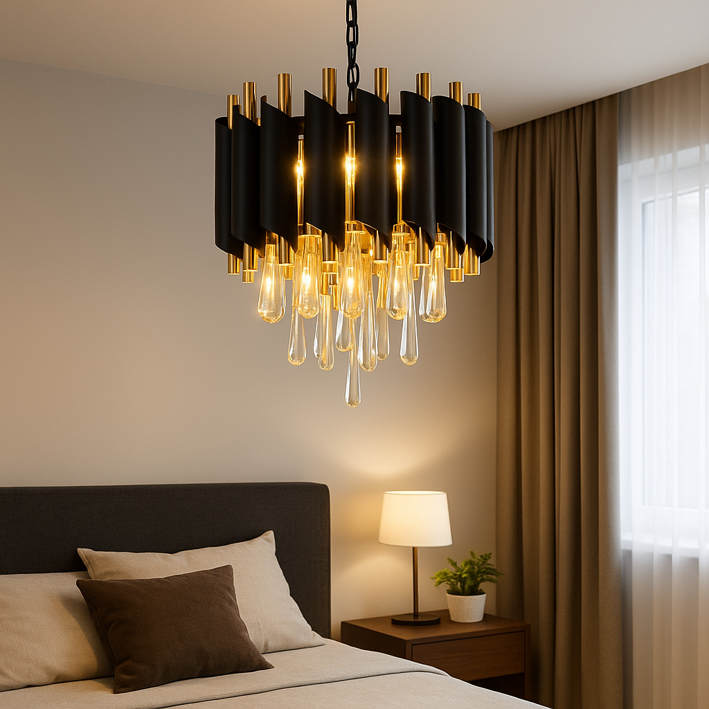 Homes Elite Modern Luxe Black & Gold Wall Light with Hanging Crystals Double Arm Design