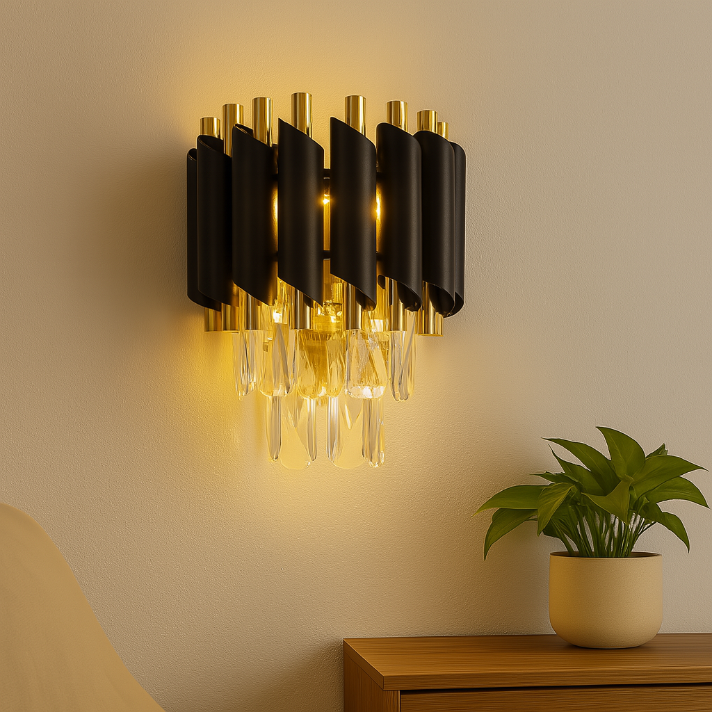 Homes Elite Modern Luxe Black & Gold Wall Light with Hanging Crystals Double Arm Design