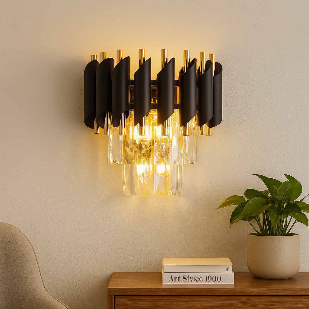 Homes Elite Luxury Black & Gold Wall Sconce – Modern Crystal Glass Accent Light Fixture Chandelier