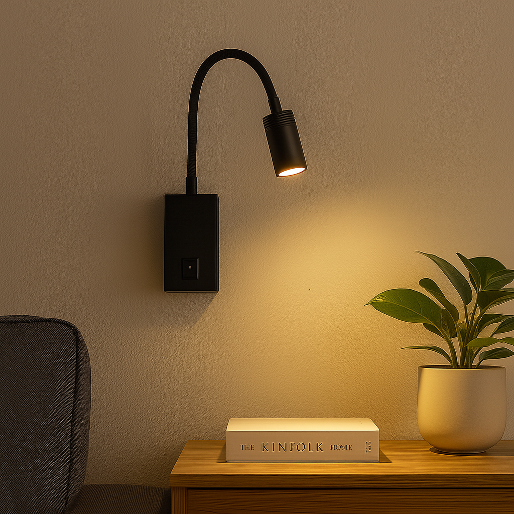 Homes Elite Flexible Black LED Reading Wall Light – Modern Bedside Spotlight with Switch