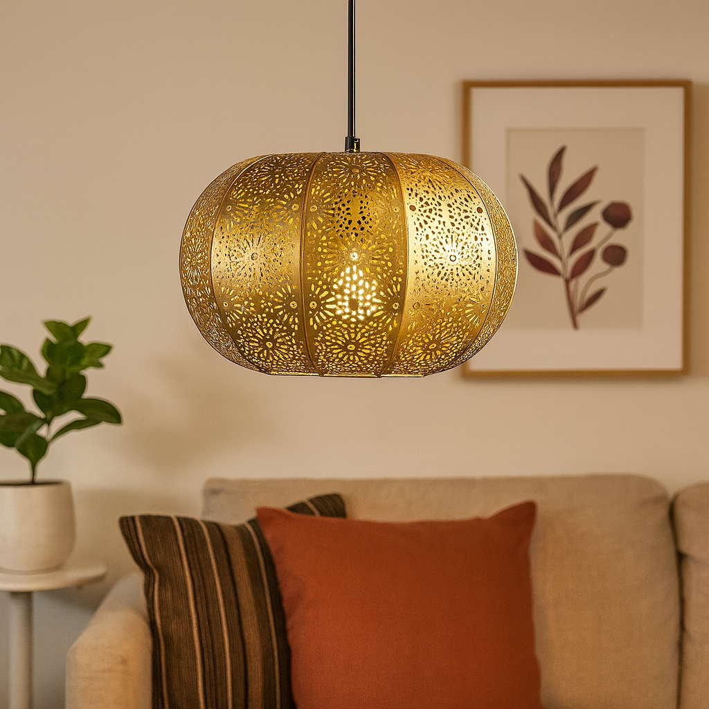 Homes Elite Moroccan-Inspired Gold Pendant Light Decorative Metal Lantern for Warm Ambient Glow