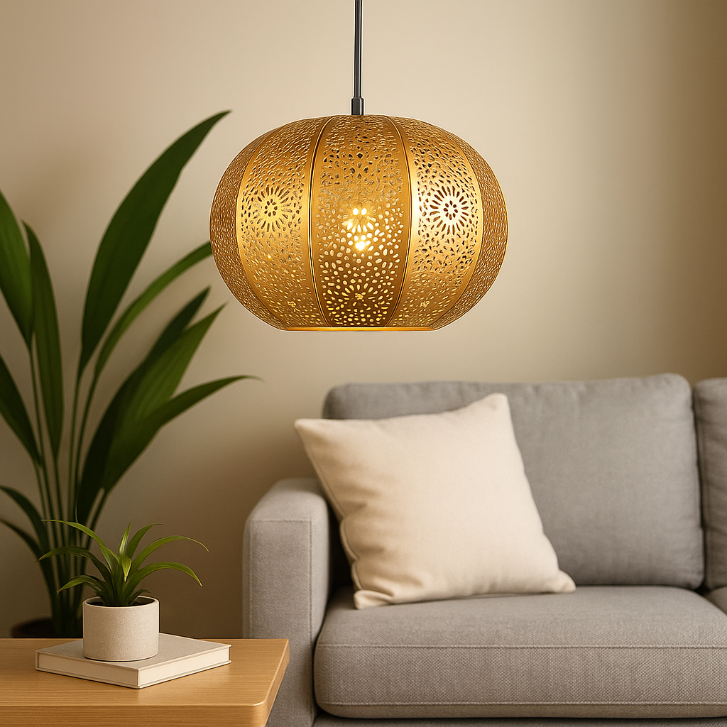 Homes Elite Moroccan-Inspired Gold Pendant Light Decorative Metal Lantern for Warm Ambient Glow