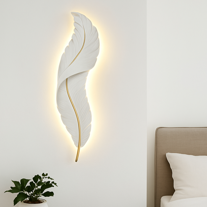Homes Elite Modern Feather LED Wall Light Sculptural Gold-Accent Décor Lamp for Living & Bedroom Spaces