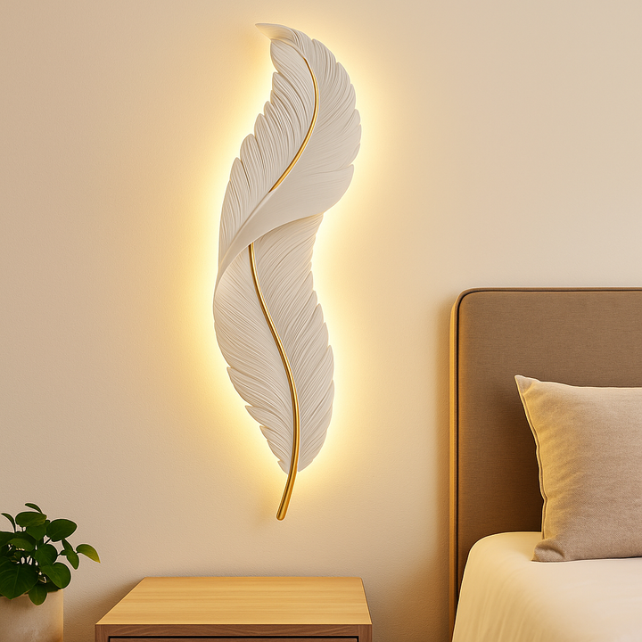 Homes Elite Modern Feather LED Wall Light Sculptural Gold-Accent Décor Lamp for Living & Bedroom Spaces