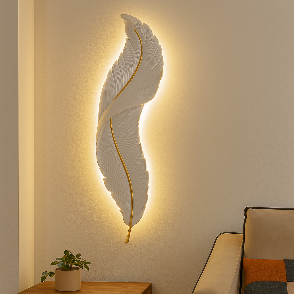 Homes Elite Modern Feather LED Wall Light Sculptural Gold-Accent Décor Lamp for Living & Bedroom Spaces
