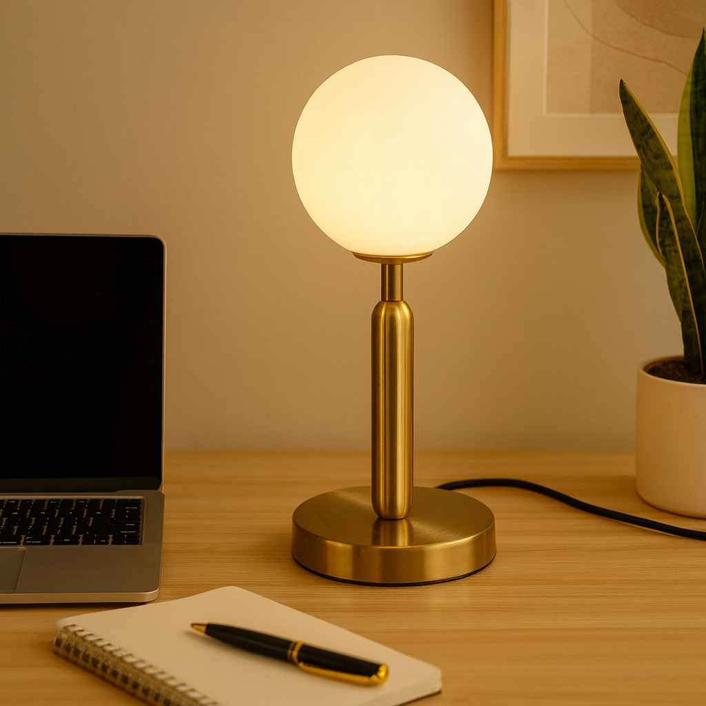 Homes Elite Minimalist Globe Table Lamp Matte Gold Base with Frosted Glass Shade for Desk or Nightstand