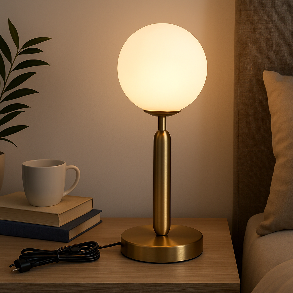 Homes Elite Minimalist Globe Table Lamp Matte Gold Base with Frosted Glass Shade for Desk or Nightstand