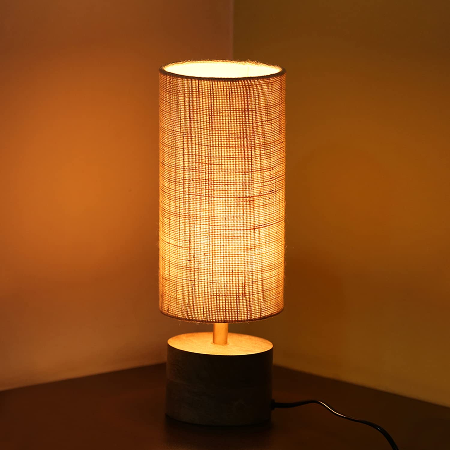 Homes Elite Modern Bedside Table Lamp with Cylindrical Fabric Shade & Warm Ambient Light