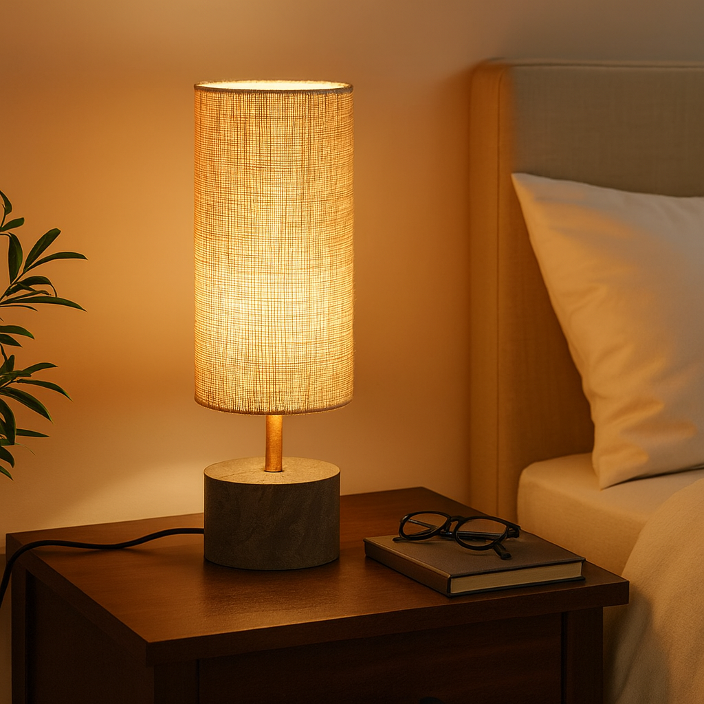 Homes Elite Modern Bedside Table Lamp with Cylindrical Fabric Shade & Warm Ambient Light