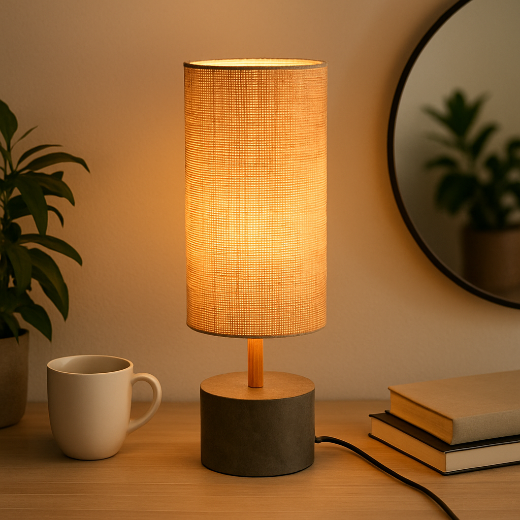 Homes Elite Modern Bedside Table Lamp with Cylindrical Fabric Shade & Warm Ambient Light